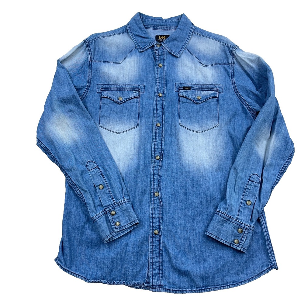 Lee Shirt Men Large Blue Denim Pearl Snap Western Faded Yoke Cowboy